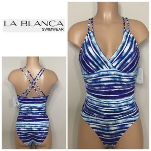 New. La Blanca BLUE Serene Stripe Tummy-Control Strappy One-Piece Swimsuit. Reta